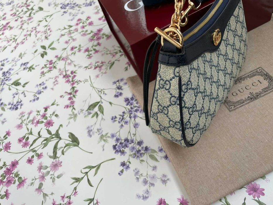 Оригинална Чанта Gucci Ophidia Синя Кожа Бежов Canvas Гучи Златно Gold GG Лого и Синджир