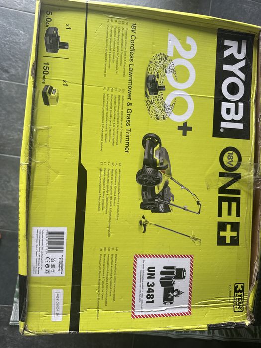 Mașină de tuns iarba RYOBI 33 cm și trimmer pentru iarbă 23 cm, 18V 1 baterie 5,0 Ah, noua