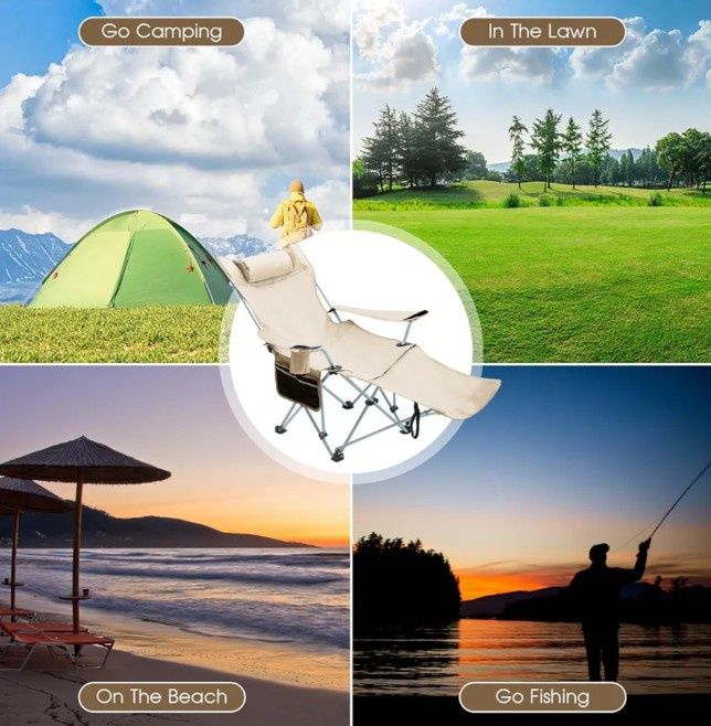 Сгъваем къмпинг стол с поставка за краката,Бежов