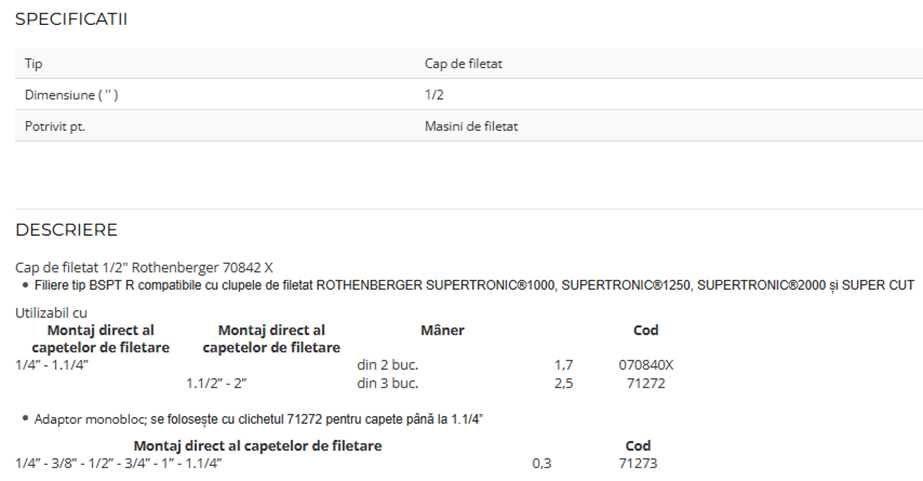 Cap de filetat 1/2" Rothenberger 7084 + Clichet cu maner Rothenberger pentru capete 1.1/4.2 toli 71272