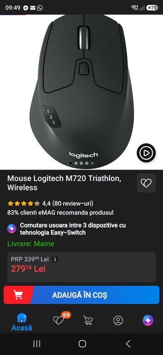 Mouse Logitech M720 Triathlon, Wireless