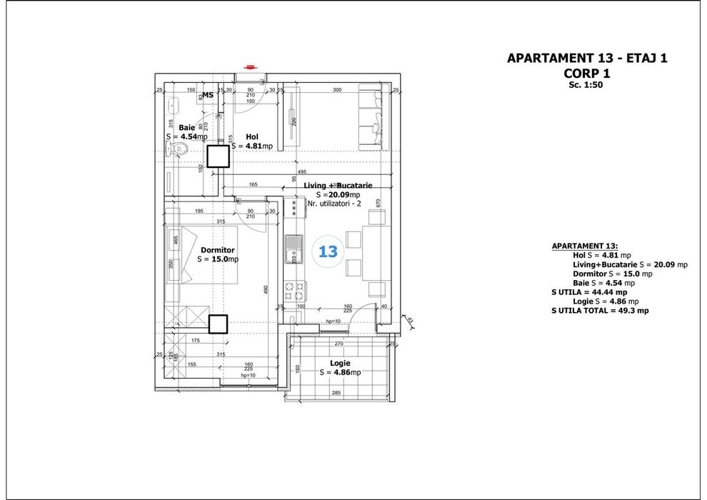 Apartament 2 camere, balcon, lift, 50mp