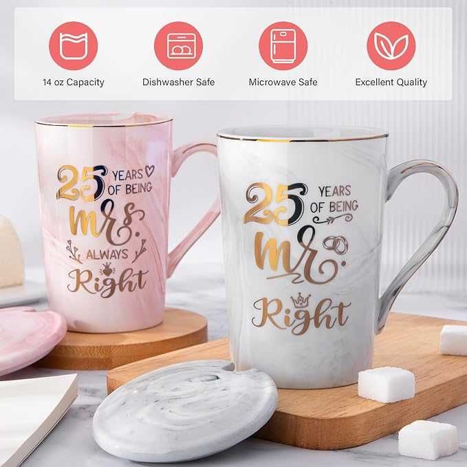 Комплект чаши за кафе за 25-та годишнина от сватбата, Mr Right & Mrs Always Right, 2 броя с капачки и лъжички, 400 мл, в елегантна подаръчна кутия