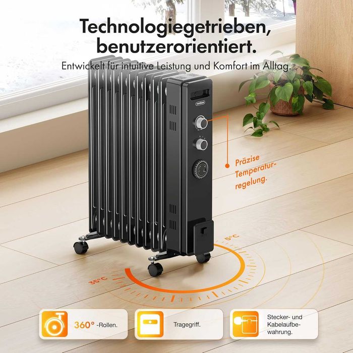 Radiator electric cu ulei VonHaus, cu 11 elementi și termostat, pentru locuință sau birou – putere suplimentară de încălzire 2,5 kW