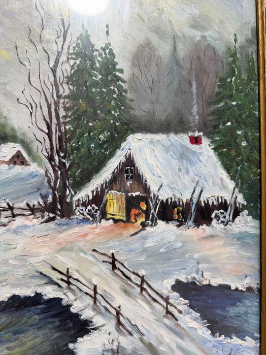 tablou pictat pe lemn in ulei cu geam dim 44x67cm tablou vechi in ulei