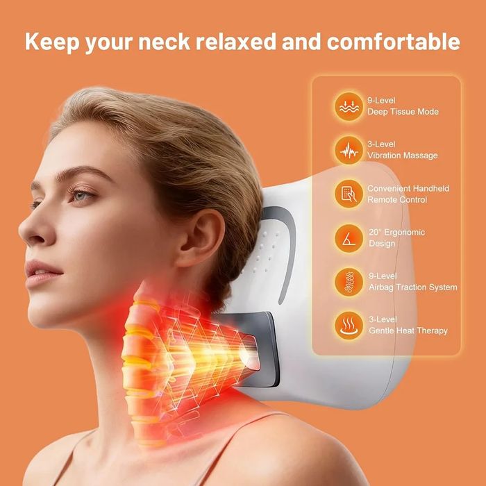 Aparat masaj cervical 3-in-1 EPROICKS: incalzire, vibratii, tractiune, fara fir, USB, 3 moduri, 9 trepte.