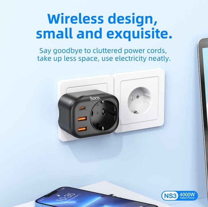 Hoco NS3 Сетевой фильтр EU мощности 4000W/ PD20W QC3.0+18W