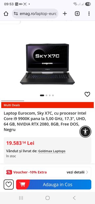 Laptop Eurocom, Sky X7C, cu procesor Intel Core i9 9900K k nou