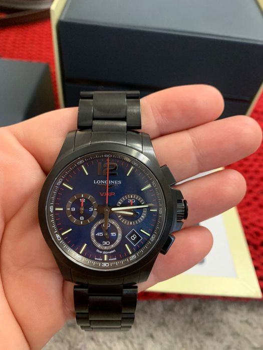 Longines Conquest V.H.P. Chronograph watch in black PVD with a blue.