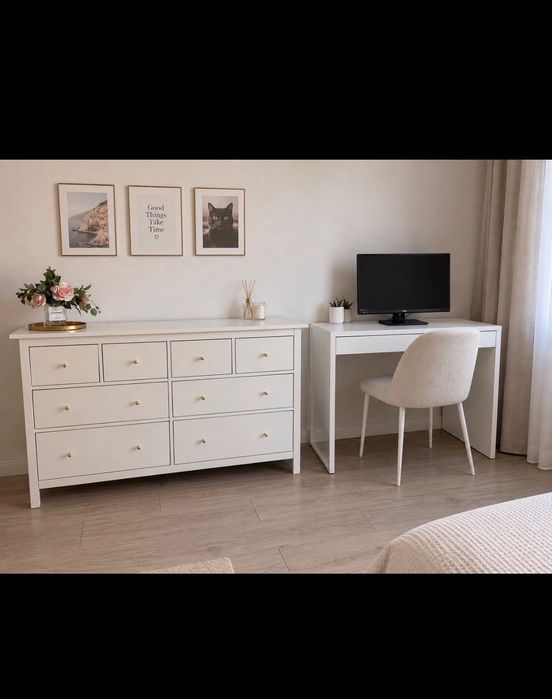 Birou alb micke masă machiaj Comoda alba 8 sertare ikea hemnes manere aurii