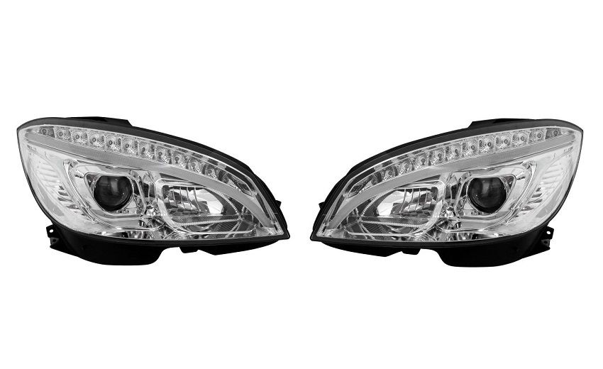 Set faruri tuning Mercedes Clasa C (W204), 03.2007-03.2011, partea stanga+dreapta, Taiwan, cu indicator led; cu "lumina timp de zi" tip LED; H9+LED; electric; cromat; halogen