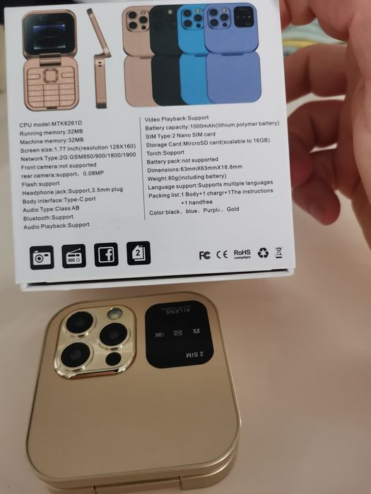Mini telefon i16Pro flip, Dual SIM, ecran HD, Bluetooth, Radio FM, apelare rapida