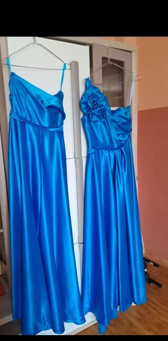 Set 2 Rochii lungi domnișoară de onoare / nașă, albastru regal din satin, mărimea [S / M