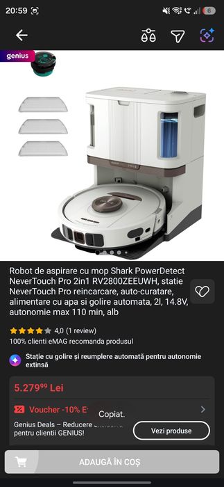 Robot de aspirare cu mop Shark PowerDetect NeverTouch Pro 2in1 RV2800ZEEUWH, statie NeverTouch Pro reincarcare, auto-curatare, 2 ani garanție la eMAG
