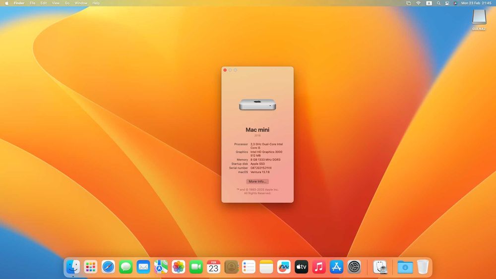 Mac Mini A1347, 240GB SSD, 8GB RAM, i5 macOS Ventura отлично състояние