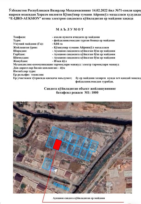 Кушкупир тумани Айронкул МФЙдан 400 м.кв жой урни сотилади