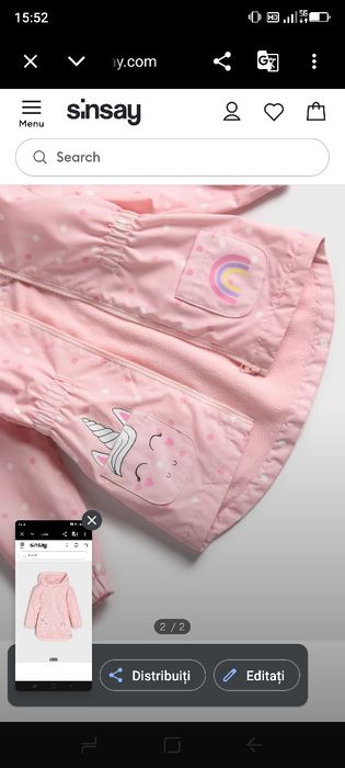 Geaca impermeabila roz cu unicorn pentru fete  noua cu eticheta