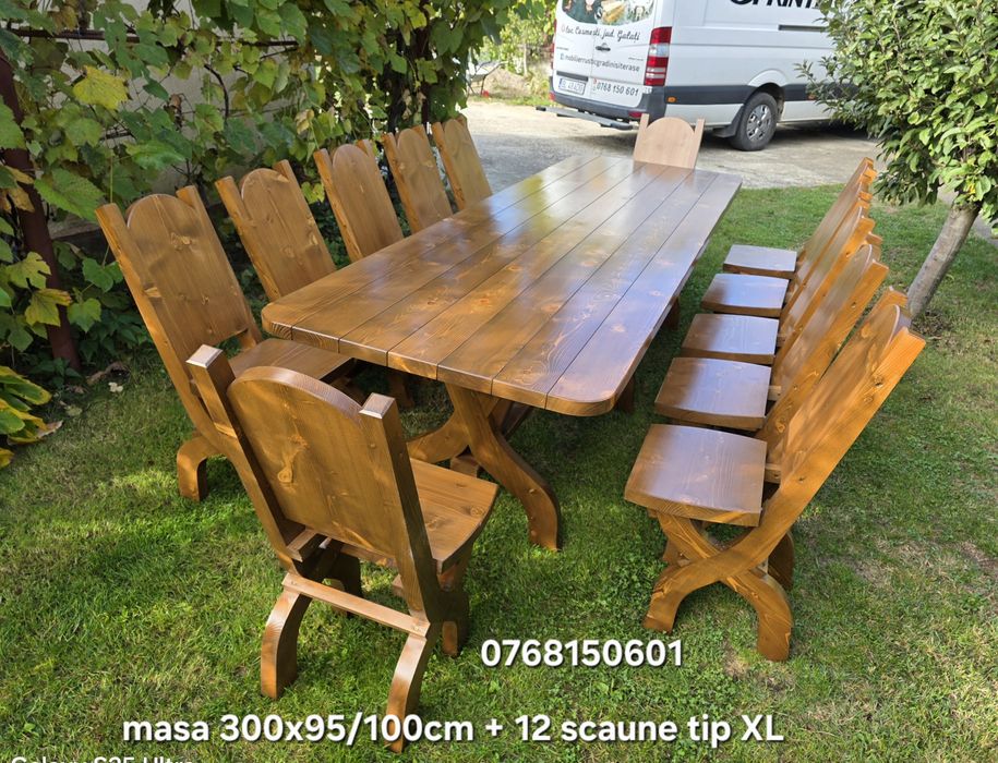 Set  Masa cu 12  scaune. Masa cu scaune rustice.  Masa 3m  cu 12 scaun