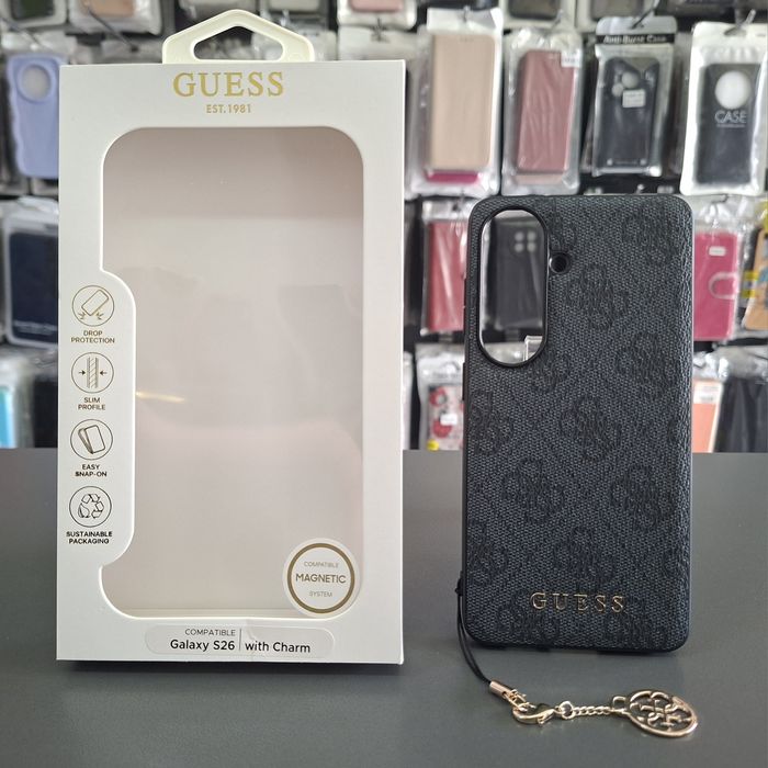 Гръб Guess за Samsung Galaxy S26  Черен кожен кейс със златно лого