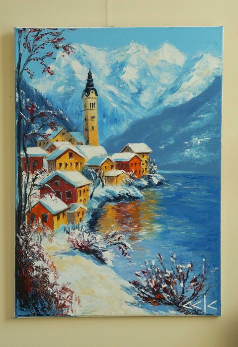 "Слънчева зима" Картина 70х50см, Маслена живопис с шпакла