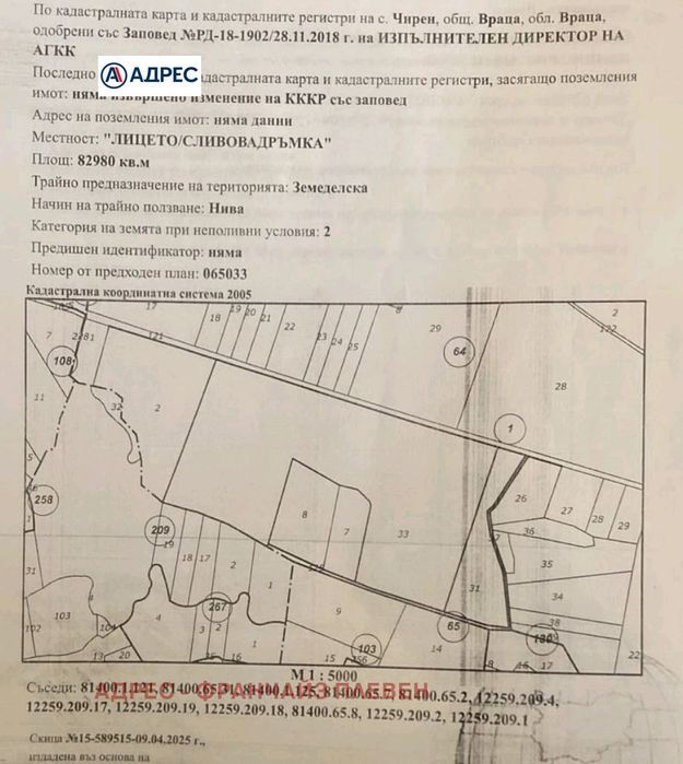 Земеделски имот в Враца, област-с.Чирен площ 83000 цена 65000