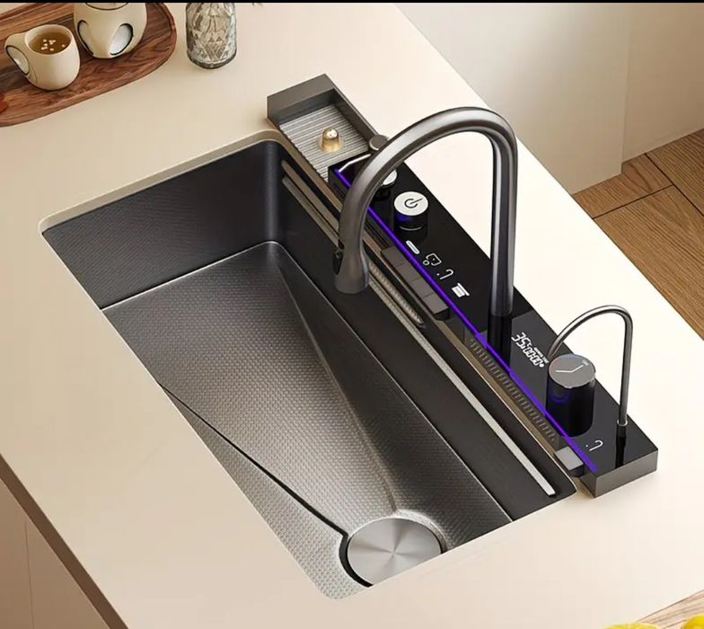 Луксозна Многофункционална Кухненска Мивка тип  Водопад, Черен мат