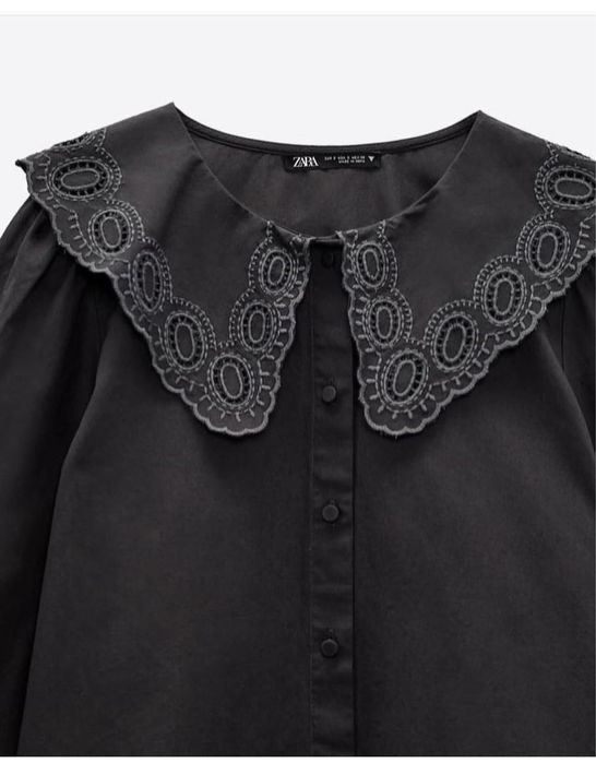 Camasa zara neagra guler broderie bumbac marime XS S M