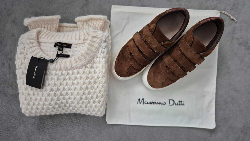 Бял пуловер с ажурна плетка Massimo Dutti XS