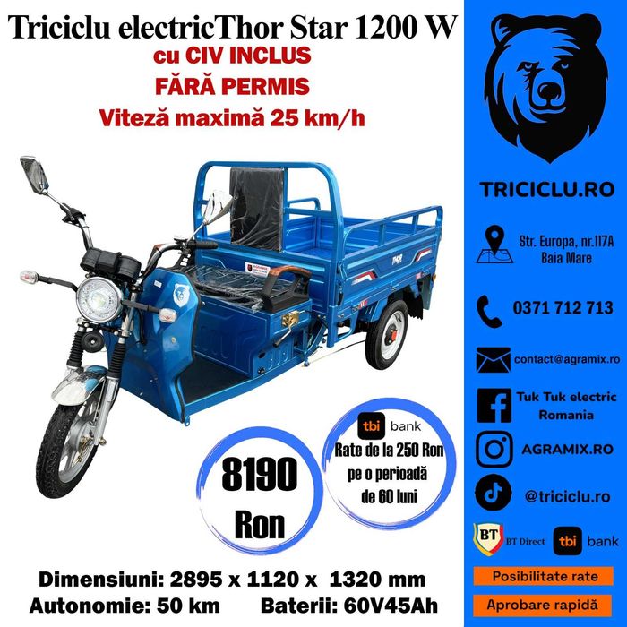 Tricicleta Thor STAR noua electrica cu bena Agramix 1200W