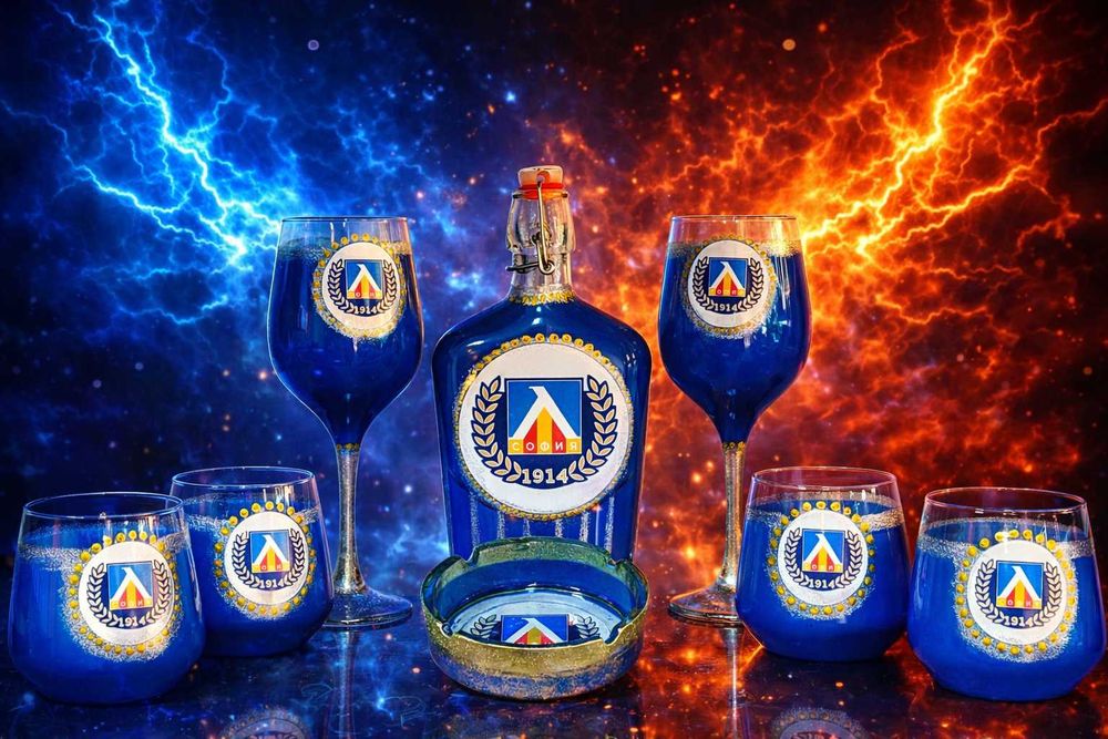 ТОП Подарък за фен на Левски – бутилка + 6 чаши +пепелник