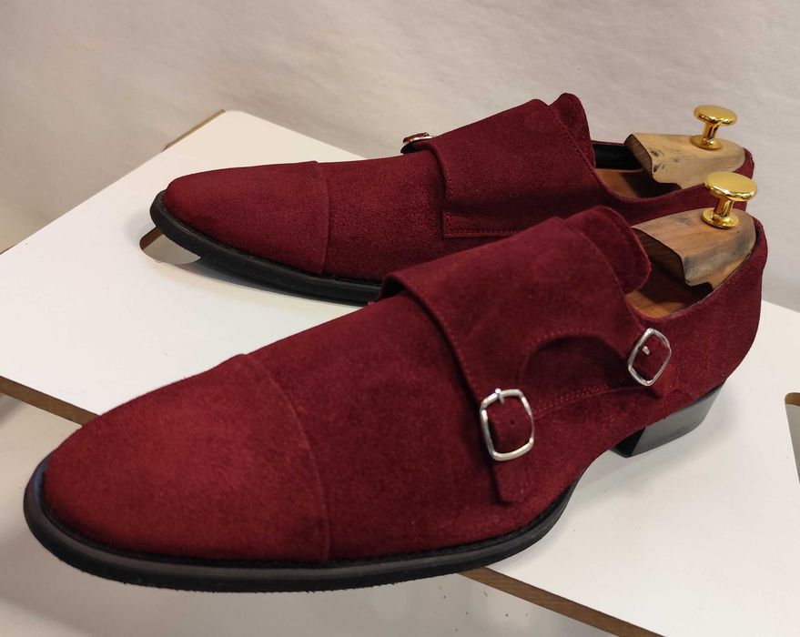 Pantofi double monk 42 42.5 de lux Lavoratione Artigianale NOI piele naturala suede rosu burgundy