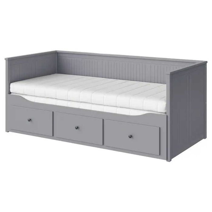 Divan IKEA HEMNES gri, cu 3 sertare și 2 saltele (80x200 cm)