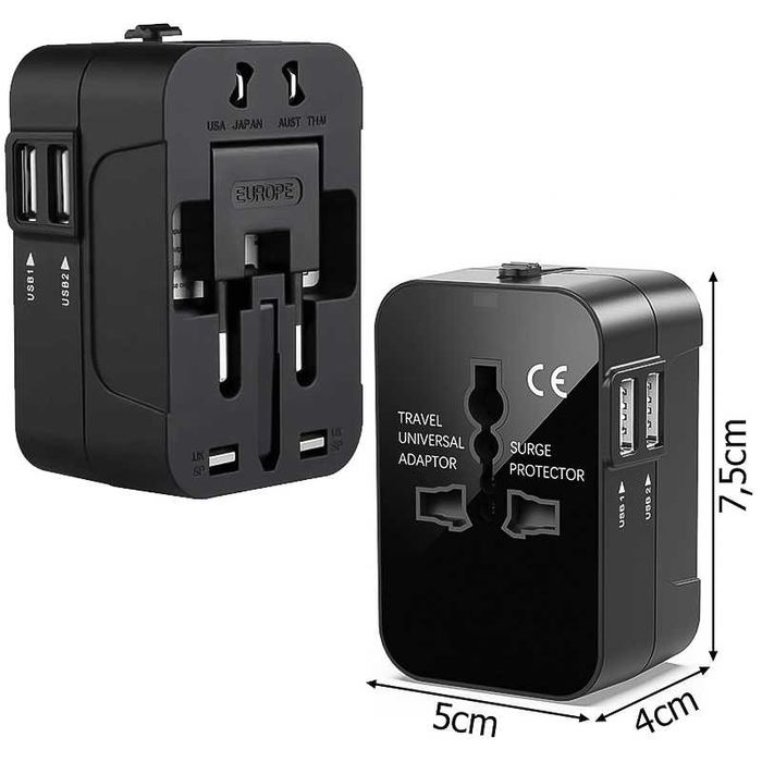 Разклонител КУБ, 4 международни контакта UK, USA, EU, AUS с 2x USB