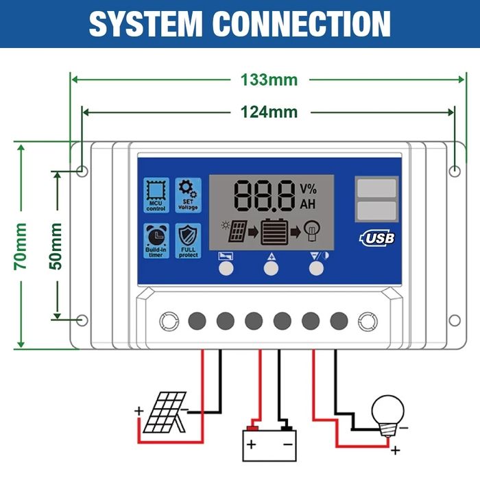 Controler Solar PWM Regulator 12V 24V 10A, 2 X USB SI LCD