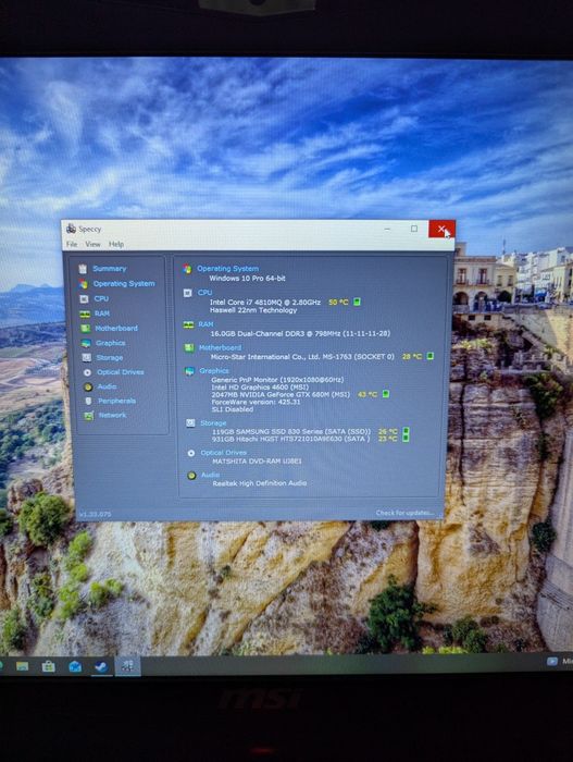 Laptop Gaming MSI  Ms-1763 CPU i7-4810MQ  ram 16 gm ssd video gtx 680M