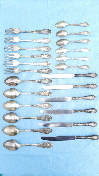 2 X Seturi-Tacamuri 48 piese, alpaca, URSS, marcate, 2866 gr, 1950-60