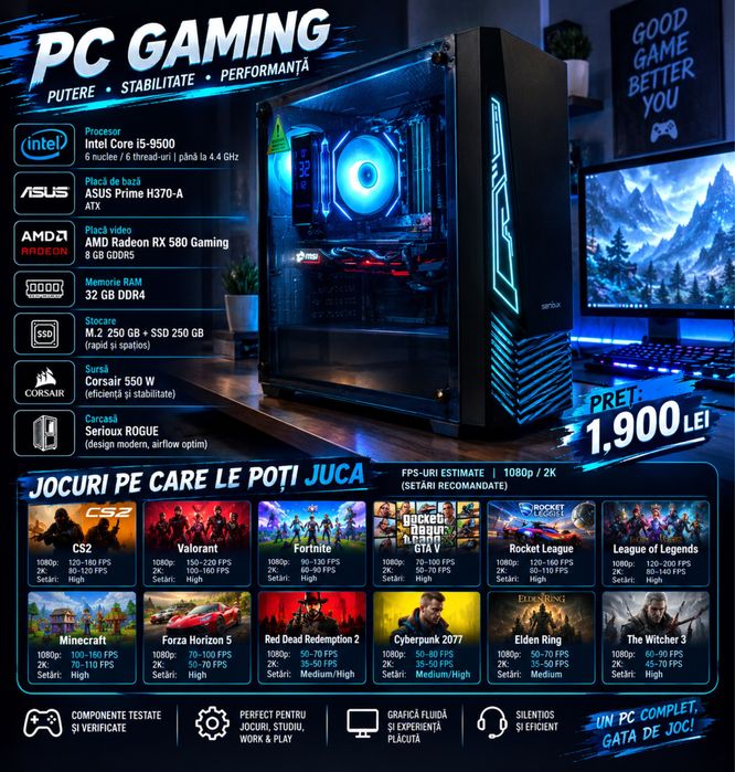 Sistem PC Gaming – i5-9500 | RX 580 8GB | 32GB RAM | SSD + M.2