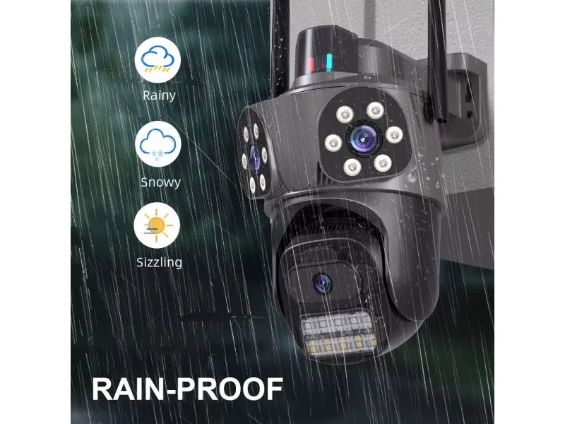 Тройна външна въртяща WiFi AI камера 10MP с три обектива, ICSee, Черна