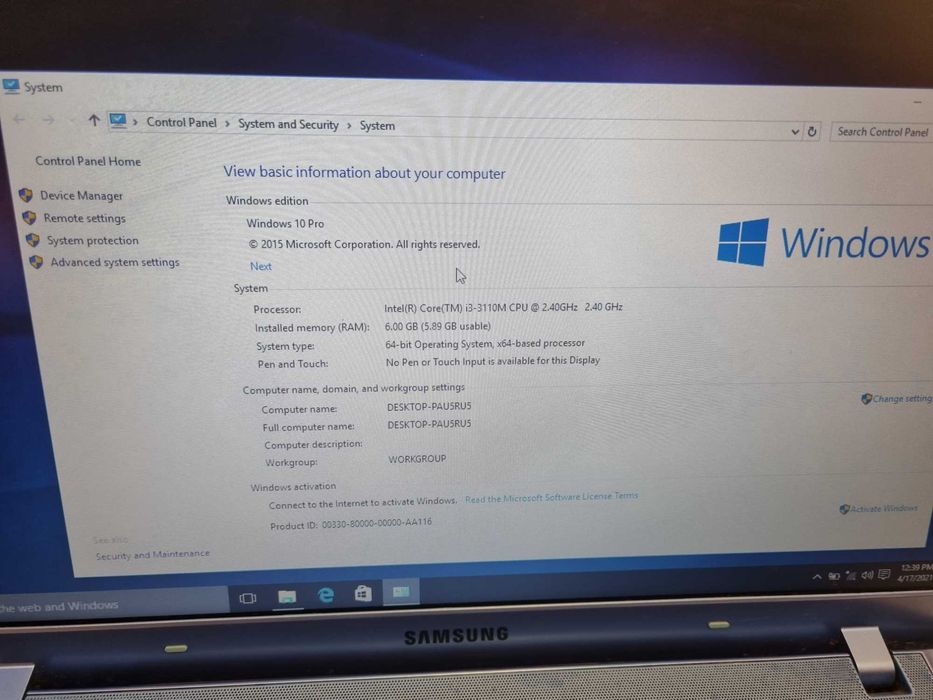 Laptop Samsung 15.6 inch Intel Core i3 6GB RAM 750GB HDD Windows 10 Pro