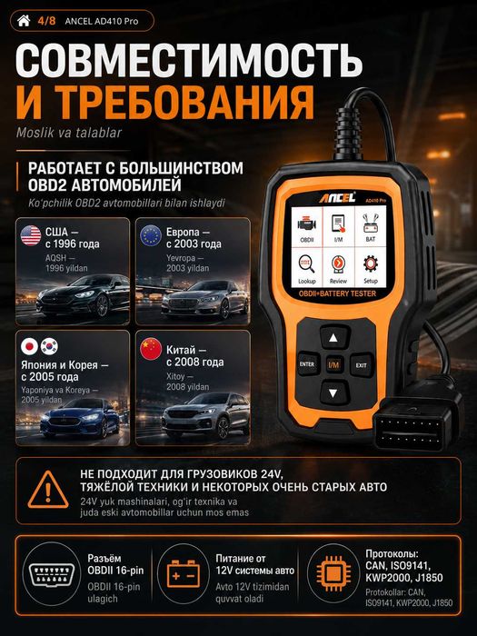 Сканер OBD2 и тестер АКБ 6V/12V ANCEL AD 410 PRO проверка АКБ и ошибок