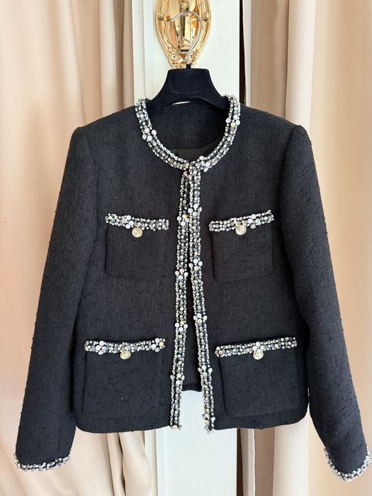 Costum dama Chanel tweed ivory cu cristale – sacou + fustă – mărimea S