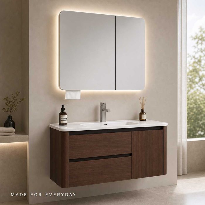 Луксозен шкаф за баня от водоустойчиво инженерно дърво 2801 (Walnut Balance) със заоблен дизайн и смарт огледало