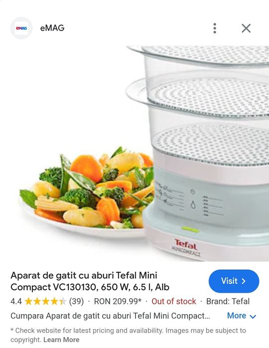 Aparat de gatit cu aburi Tefal Mini Compact VC130130, 650 W, 6.5 l, Al