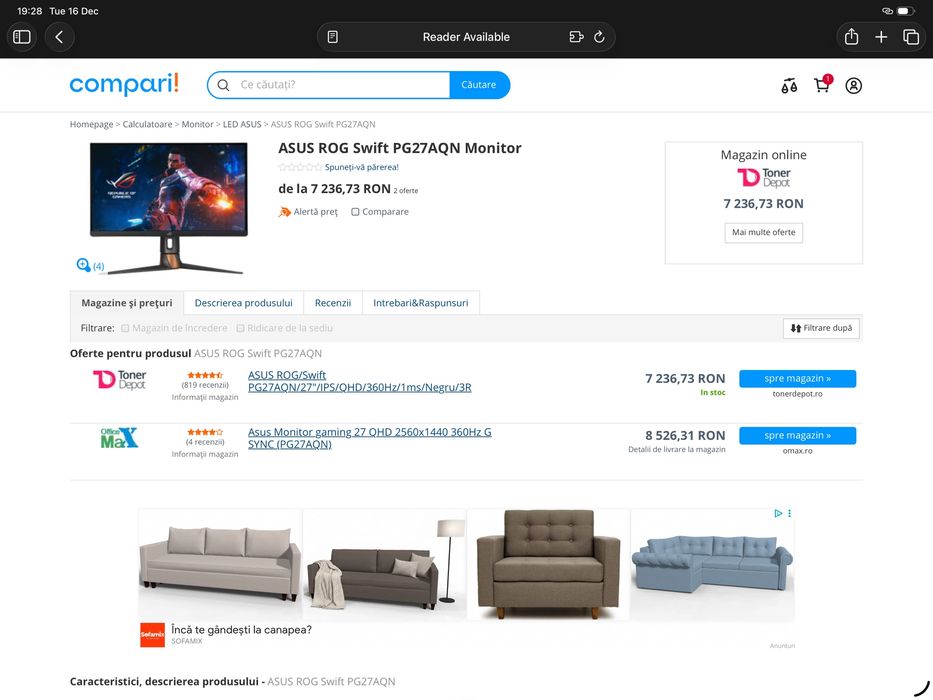 Monitor Gaming LED Asus PG27AQN 27” WQHD 360HZ G-Sync, garantie 2 ani