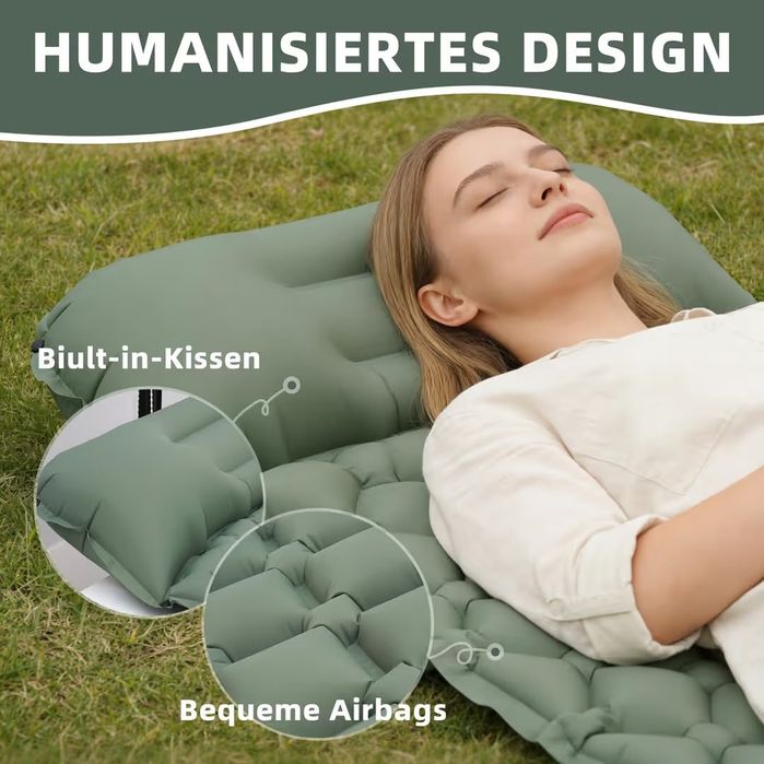 Saltea de camping inflatabilă cu pompă integrată și pernă, verde militar, nouă, drumeții / cort
