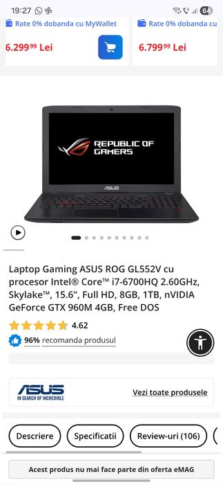 Laptop ASUS GL552V – i7 / GTX 960M / 1TB HDD