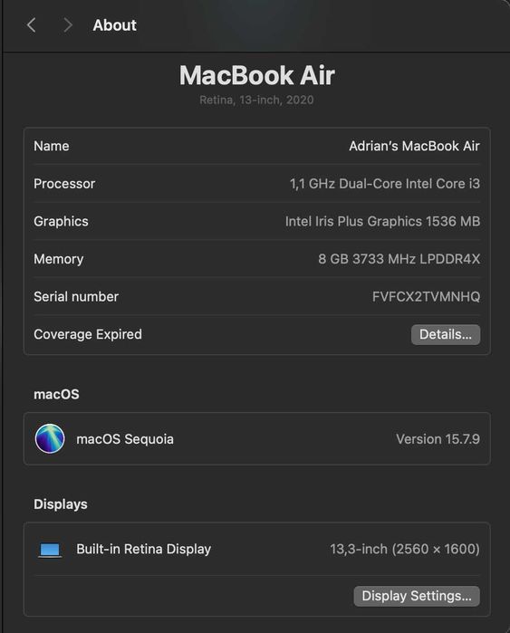 MacBook Air 2020 Intel i3 / 8GB / 256GB Retina baterie nouă 100%