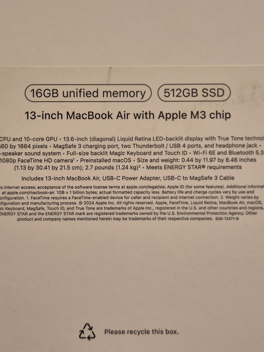 MacBook air 13 M3 16/512