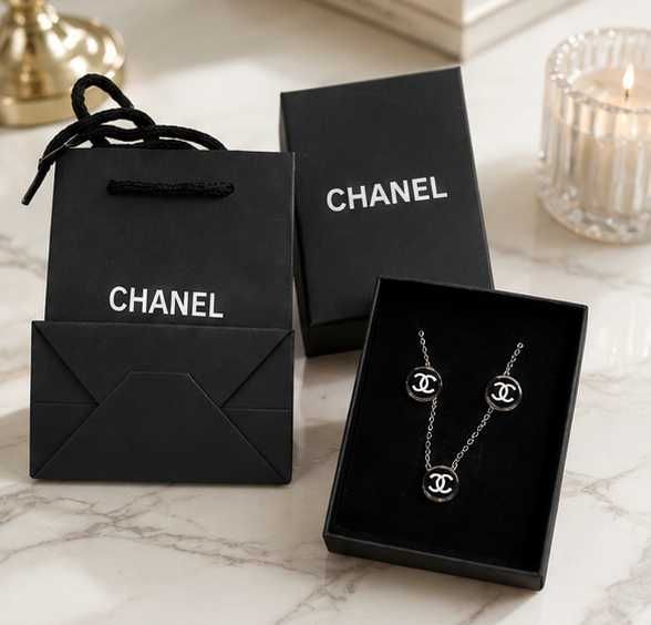 шанел комплект обеци и колие бижута неръждаем материал нов chanel черен