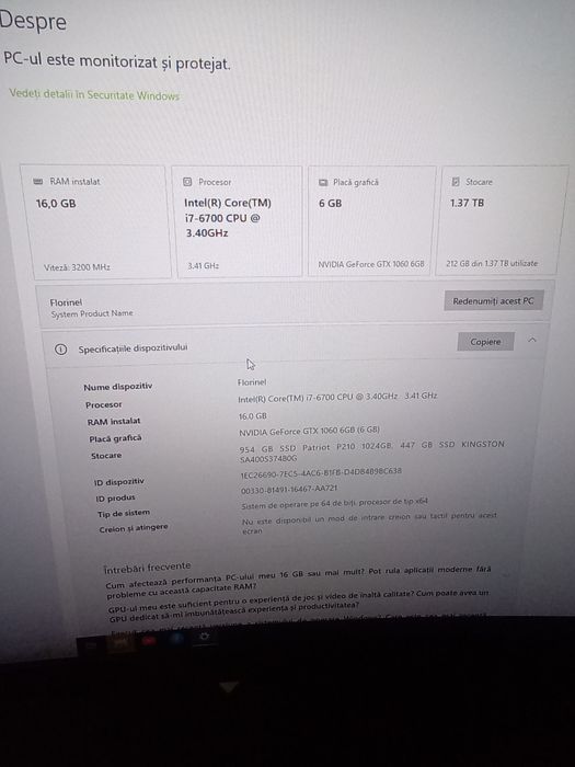 Vând unitate PC placă video de 6GB Intel(R)Core)TM)i7-6700 CPU